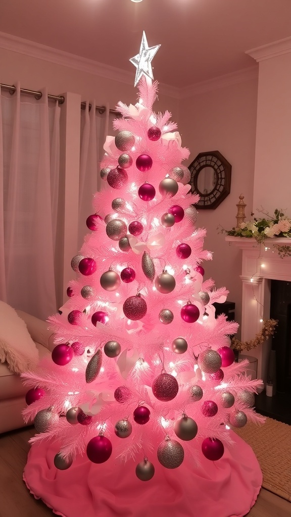 A vibrant pink Christmas tree decorated with ornaments and lights in a festive living room.